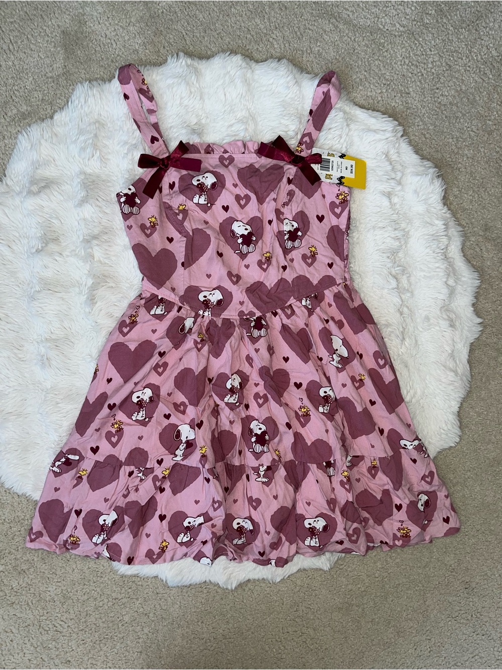 ✨NWT BoxLunch Peanuts Snoopy Woodstock Pink Heart Bow Tiered Dress 🎀💝